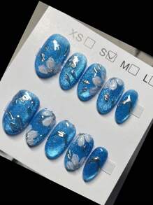 10 piezas de uñas postizas hechas a mano de color azul zafiro, uñas postizas de cobertura completa con forma de almendra y efecto de ojo de gato de lujo, un imprescindible de moda para crear un aspecto encantador, adecuado para mujeres y niñas, para uso diario o festivo. Suministros de uñas