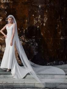 1 件仿珍珠长款婚礼大新娘面纱带发梳，适合婚礼拍照和摄影道具 - 乳白色 - 查看 7