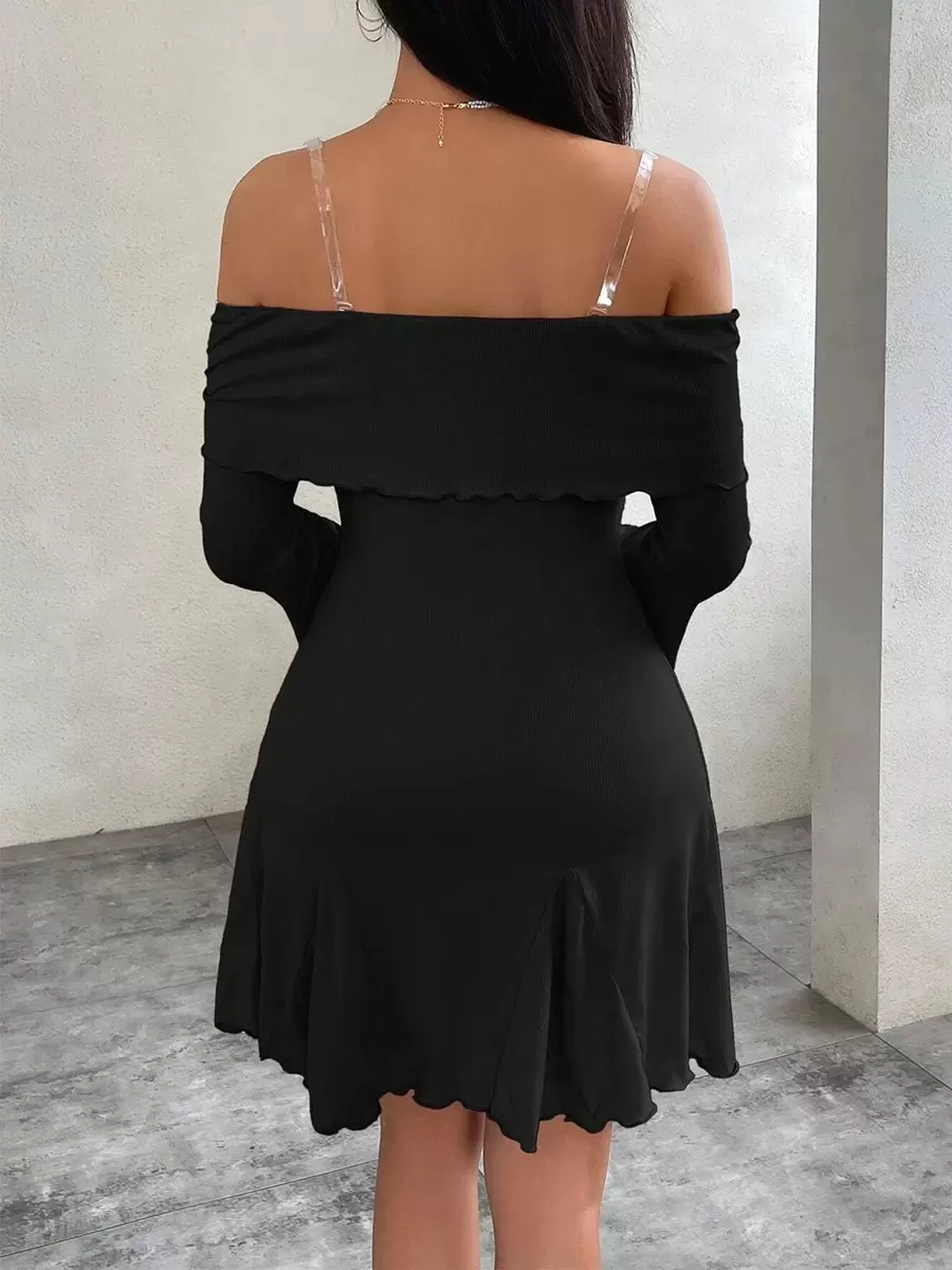 Elegant Women's Off-Shoulder Dress With Bell Sleeves - Black - View 1