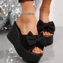 Giày sandal đế xuồng nơ cho nữ, giày đi biển ngoài trời nhẹ hở mũi - Cung đen - Xem 4