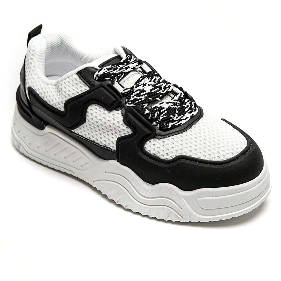 Women's Chunky Sole Sneakers | Comfortable Textured Laces - Black - View 1