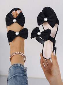 夏季高跟凉鞋，女式仿珍珠蝴蝶结带圆头黑色加大码高跟凉鞋，时尚百搭可爱粗跟凉鞋，适合搭配连衣裙或裤子，适合约会之夜 - 黑色 - 查看 2