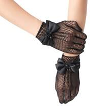 1 Pair Bowknot Nylon Hollow Out Lace Fishnet Gloves, White, Ideal For Wedding, Party, First , All Seasons - A - View 7