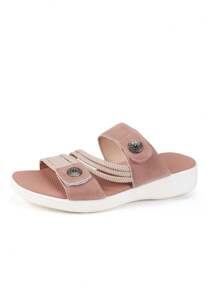 2026 Spring/Summer New Women Flat Sandals, Comfortable Non-Slip Hook And Loop Casual Beach Slippers, Adjustable Strap, Plus Size Wedge - Dusty Pink - View 7