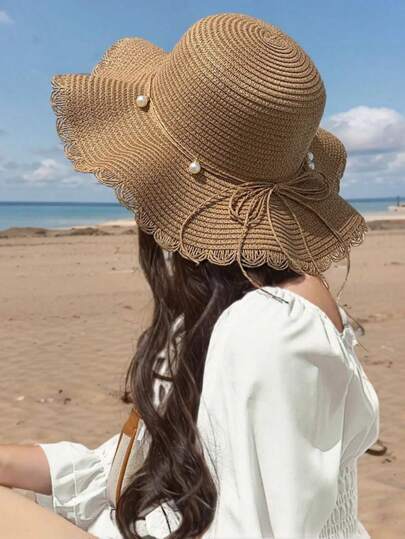 1pc Women's Khaki Wave Beach Sun Hat With Faux Pearl & Bowknot Detail, Elegant Beach Travel Vacation Sun Hat