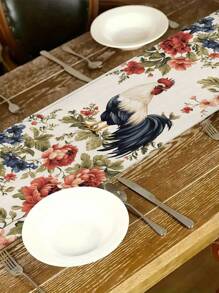 1pc Modern Farmhouse Rooster Print Table Runner, Chicken Pattern Table Runner For Home Decor, Kitchen, Party, Indoor & Outdoor Decoration