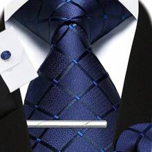 4pcs/Set Men's Fashion Plaid Necktie, Silk Satin Tie, Pocket Square, Cufflinks And Silvery Tie Clip Combo Gift Set, Suitable For Groom, Groomsman, Wedding, Business, Graduation, Evening Party, Perfectly Match Tuxedo To Make You Stand Out - Four-piece Set - View 6