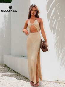 性感透视吊带针织露背连衣裙开胸镂空串珠长款2025女式派对晚会侧双开叉连衣裙 - 卡其色 - 查看 1