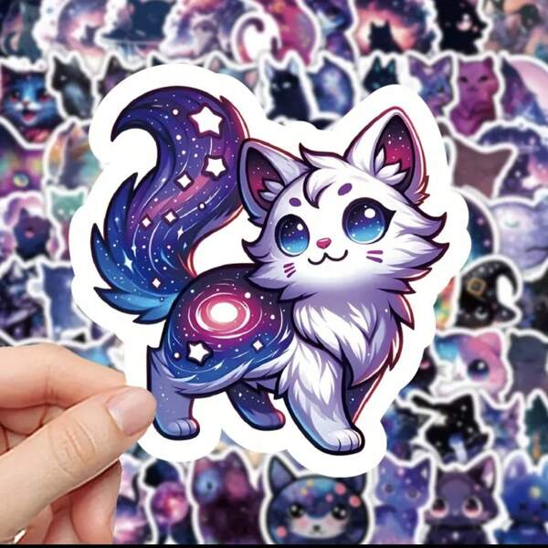 Pacote com 50 adesivos fofos de gato galáxia, adesivos decorativos à prova d'água para laptop, skate, capacete, capa de celular, adesivos foscos, formas assimétricas descartáveis, decoração de festa, artesanato faça você mesmo, presente fofo