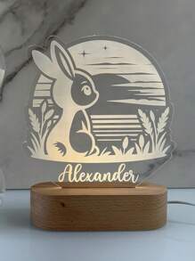 1 pieza Luz de noche personalizada con conejo LED - Placa de foto de conejito personalizada con Spotify, con base de madera 3D y acrílico, regalo romántico de señal luminosa para decoración de pared, dormitorio, habitación de niños, oficina en casa, para Pascua/Aniversario/Inauguración de la casa/Cumpleaños/Navidad/Acción de Gracias/Halloween