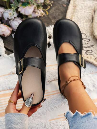 Tonårings-/elev-slip-on-mule-sandaler, metallspänne entrycks-slouchy-skor, minimalistiska strand-/hustofflor