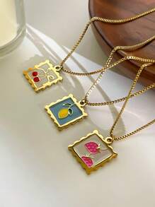 1pc Fashionable Stainless Steel Cherry, Strawberry, Lemon Colorful Pendant Necklace Versatile Wear For Women - Necklace - View 6