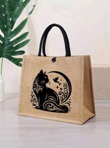 Khaki Linen Tote Bag,Including A Black Cartoon Cat Pattern Tote Bag And A Small Bag/Coin Purse,Mother's Day Gift, Personalized Gift Package, Yellow Linen Black Tote Bag With,Combination Of Small And Large Bags,Suitable For Weddings,Birthdays,Beaches, Holidays, Making It For Women,Mothers,Teachers, Friends, Bridesmaids,Big Bags,Students,Returning To School,The Perfect Gift For Animal Lovers