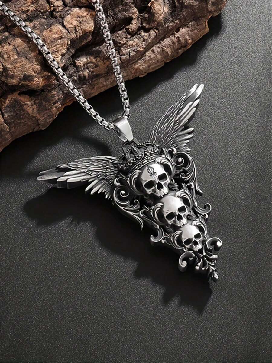 1pc Retro Gothic Style Skeleton Wing Pendant Necklace, Fashionable & Unique Halloween Accessory - Silver - View 1