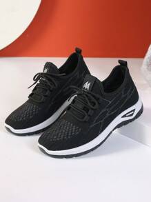 Nuevos tenis con cordones y respirables en talla grande para mujer, de color negro, con parte superior de malla, suela suave, absorción de impactos y suela antideslizante. Zapatos cómodos y multifuncionales para deportes al aire libre: Zapatillas ligeras y transpirables para caminar, suela antideslizante, parte superior de malla, aptos para fitness, viajes, trabajo y casual