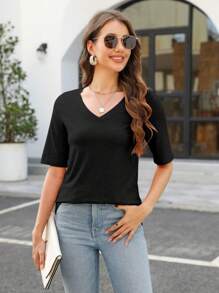HIGHFINE Women's V Neck Short Sleeves T Shirt  Solid Casual T Shirt - Black - View 4