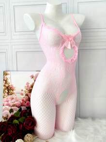 Lingerie sexy da donna, tutina rosa con fiori in rete e fiocco, taglio aperto
