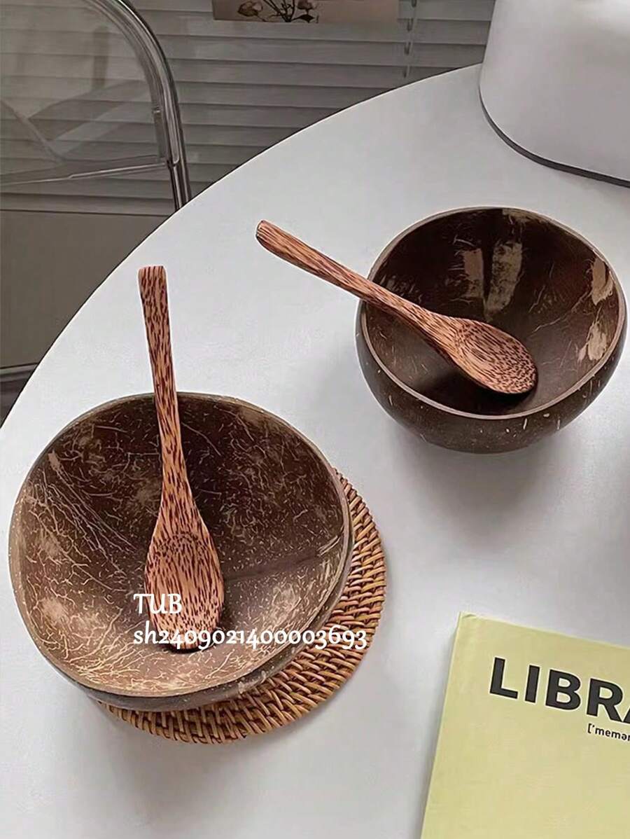 1 Set (Coconut Bowl + Spoon) Coconut Shell Bowl, Retro Round Bowl, Coconut Shell Spoon, Suitable For Serving Smoothies, Desserts, Etc. Can Be Used For Catering, School Supplies. Coconut Shell Spoon, Christmas Gift - Coconut Shell - View 1
