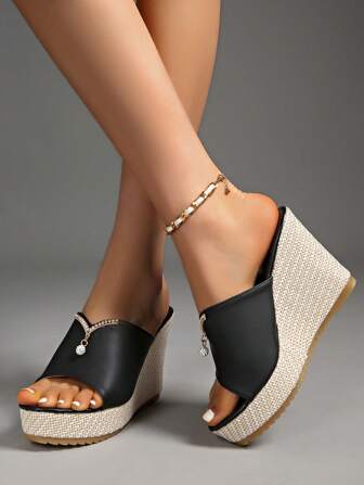 女士 2025 年夏季新款水钻厚底坡跟露趾凉鞋，时尚百搭系带凉鞋