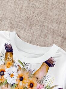 2pcs/Set Toddler & Young Girl Cartoon Deer Print Casual T-Shirt & Shorts Outfit, Fashionable Spring/Summer