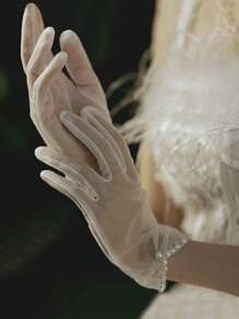 1 Pair Lace Yarn Wedding Dress Gloves, Mesh Cloth, Sewn Beads, Bow Short Style Party Faux Pearl Decor Bridal Gloves, Polyester, Full Finger, Solid Color White Gloves, Decorative Wedding Accessory For Women, Elegant Gauze Wedding Gloves, Exquisite Magnificent Elastic Mesh Bridal Gloves