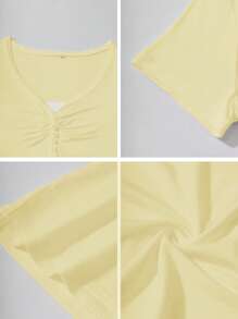 女士Y2K性感修身奶油黄V领短袖T恤，夏季休闲款 - 黃色 - 查看 11