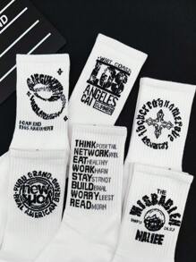 6 双男士白色字母图案中筒袜，学院风情侣运动袜 - 白色 - 查看 3