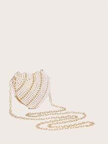 Women Mini Evening Bag, Luxury Pearl & Rhinestone Decor, Clutch Handbag, Shoulder Bag, Heart-Shaped Crossbody, Fashion Banquet Bag, 2024 New Design - Gold - View 2