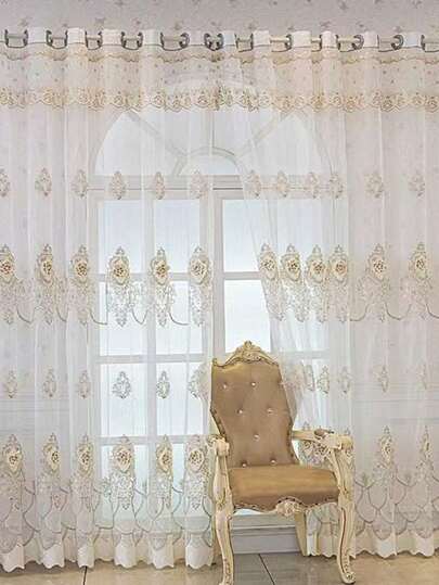 1PC European High-End Embroidered Window Sheer Curtains For Living Room Bedroom Luxurious Relief Embroidered Curtain Nail Bead Screen Curtain Bedroom Tulle Yarn