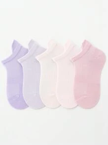 5 双儿童袜子，简单纯色，松紧腰带，后跟带，网眼通风设计，儿童短袜
