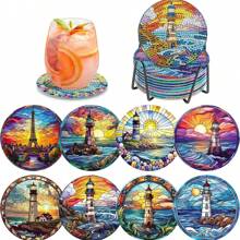 8pcs/Set DIY Diamond Painting Coasters, Starfish & Shell Pattern, Beverage Insulation Non-Slip Coasters With Holder, Handmade Gift, Mosaic Decoration - Multicolor - View 14