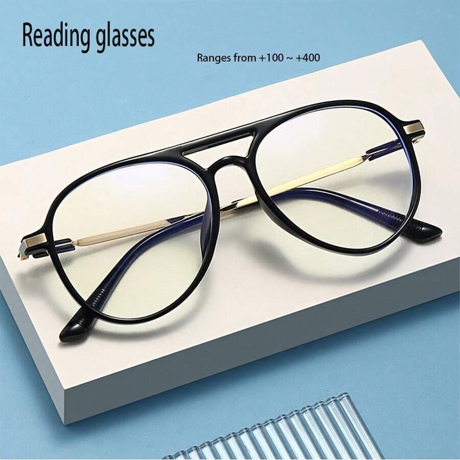 HAITONGCR 1pc New Design PC+Metal Dual-Beams Reading Glasses, Unisex Retro Square Frame Fashion Eyeglasses