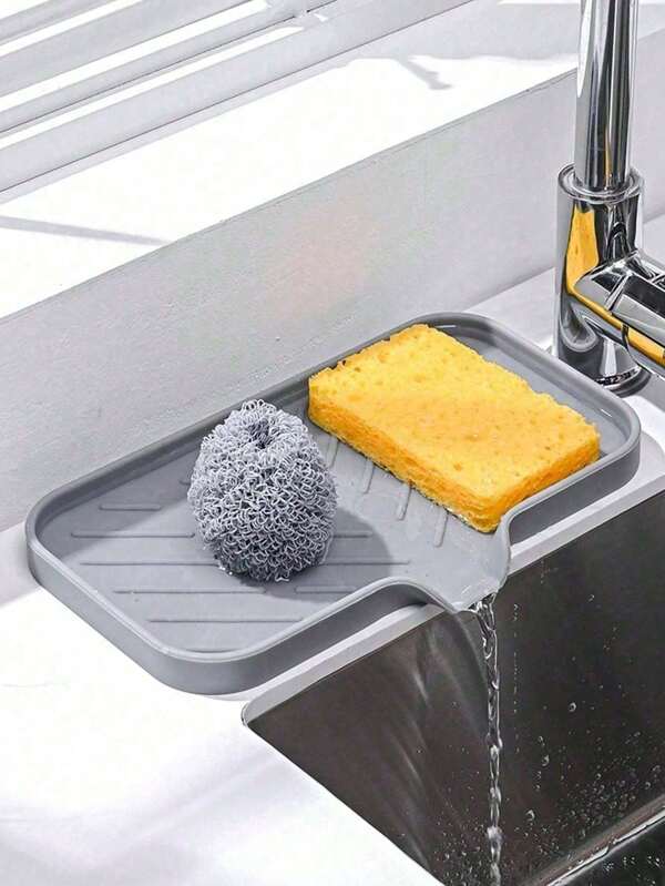 1/2pcs Kitchen Sink Faucet Mat – Non-Slip Silicone Splash Guard With Quick-Drying Sponge Holder – Perfect For Kitchen & Bathroom, Essential Faucet Draining Mat