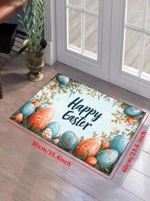 1pc 'Blue Background, Colored Eggs, Grass Leaf Border, Easter' Doormat, Indoor Mat, Throw Rug, Creative Door Mat, Entryway Themed Mat, Home Decor, Non-Slip Floor Rug Mat, Bedroom Accessories, Photo Props, Outdoor Decor, Throw Rug, Area Rug, Gift