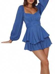 Women Puff Long Sleeve Romper Off Shoulder Ruffle Flowy Short Jumpsuit Layered Pirate Dress With Shorts Playsuit - Blue - View 3
