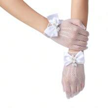 1 Pair Bowknot Nylon Hollow Out Lace Fishnet Gloves, White, Ideal For Wedding, Party, First , All Seasons - A - View 2