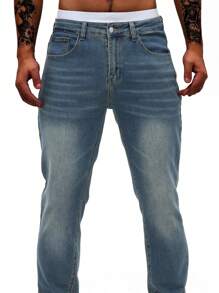 Jeans en denim casual slim fit avec décoration de poche pour hommes - Bleu azur - Voir 9