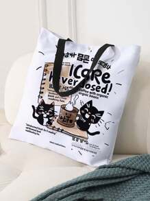 Cat Pattern Double-Sided Printed Linen Shoulder Tote Bag Shopping Bag Shoulder Bag Casual Travel Beach Bag Large Capacity Reusable Shoulder Shopping Bag