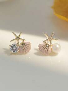 2 piezas de Pendientes asimétricos con concha rosa, estrella de mar y perla, delicados y adecuados para uso diario o en la playa de la mujer