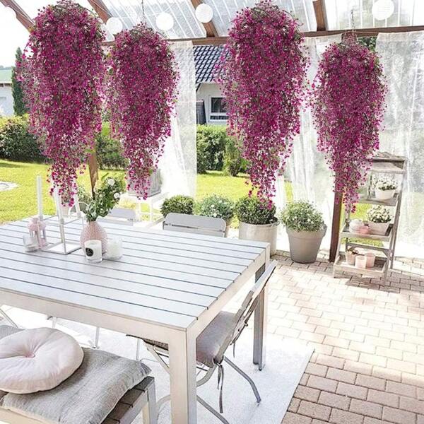 4 Stück künstliche Wandblumen, hängende Kunstpflanzen, Farnblätter, Efeu-Wandpflanzen, Hängeblumen, künstliche Terrassenblumen, künstliche Blumen für draußen, 85 cm große künstliche Hängepflanzen für Zuhause, Garten, Hochzeit (rote Rosen)