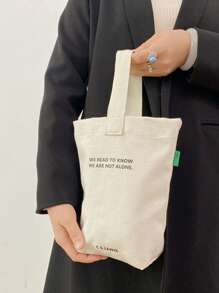 Fashionable Minimalist Women Handbag, Casual Canvas Small Tote Bag, Lightweight Foldable Square Bag, Beige Letter Print Design, Fits Keys, Water Bottle, Phone And Personal Items, Suitable For Outings And Walking Pet - Beige - View 4