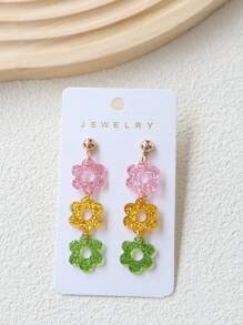 1 Đôi bông tai hoa phối màu acrylic, kiểu dáng dài ba bông hoa lấp lánh dễ thương, thích hợp cho kỳ nghỉ xuân/hè. - Đầy màu sắc - Xem 3