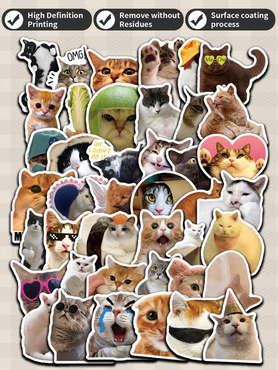 50pcs Of Cat Stickers, Perfect For Decorating Scrapbooks, Notebooks, Phones And Laptops, PVC Stickers Are Tear Resistant And Leave No Residue After Removal. Multifunctional Stickers Add Fun And Color To Your Daily Routine Or Gift Wrapping! - Multicolor - View 1