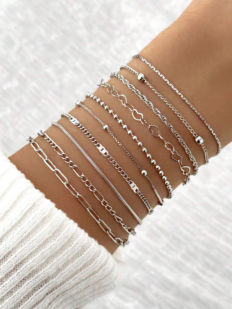10pcs/Set Gelang Rantai Mutiara Minimalis Modis untuk Wanita, Rantai Ular Pipih, Rantai Klip Kertas, Aksesori Serbaguna (Dipotong Sesuai Panjang, Bukan Jumlah Manik-manik) - Perak - View 1