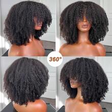 Afro Kinky Curly Wig With Bangs Human Hair For Women 250% Density Brazilian Virgin Short Curly Hair Wigs Full Machine Made Scalp Top Glueless Wig Human Hair Natural Black