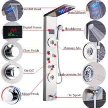 Sistema de ducha LED Panel de ducha de lluvia negra Sistema de torre Sistema de cabezal de ducha de cascada montado en la pared 5 funciones Columna de ducha de masaje con ducha de mano - Níquel cepillado - Ver 8