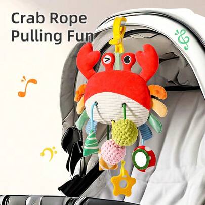 1pc Baby Plush Pull/Push Sensory Toy, Includes Crab & Chick Shaped Fabric Toys With Teether, Mirror, Bell, Suitable For Crib, Stroller, Car Seat, Multi-Textural Experience, Early Educational Development Gift For Baby Boys And Girls (Some Accessory Colors Randomly Assorted)