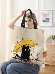 Cat Pattern Double-Sided Printed Linen Shoulder Tote Bag Shopping Bag Shoulder Bag Casual Travel Beach Bag Large Capacity Reusable Shoulder Shopping Bag