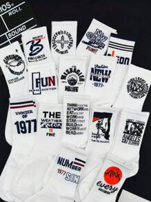 10 Pairs Random Assorted Men's Mid-Calf Socks With Letter & Numeral Personalized Design, Unisex Casual Sports Socks
