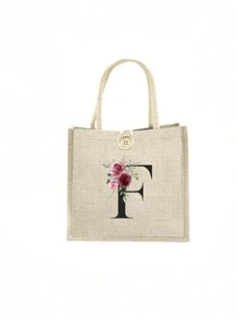 1 pieza Bolso de mano con flor de lino y letra, bolso de gran capacidad sencillo, bolso de almacenamiento casual portátil, bolsa de compras multifuncional, bolsa de regalo personalizada, adecuada para bodas, cumpleaños, playas, festivales, regalos perfectos para mujeres, maestros, amigos, damas de honor, bolsos grandes, estudiantes y vuelta a clases